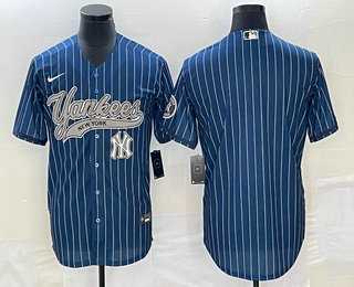 Men%27s New York Yankees Big Logo Navy Blue Pinstripe Cool Base Stitched Baseball Jerseys